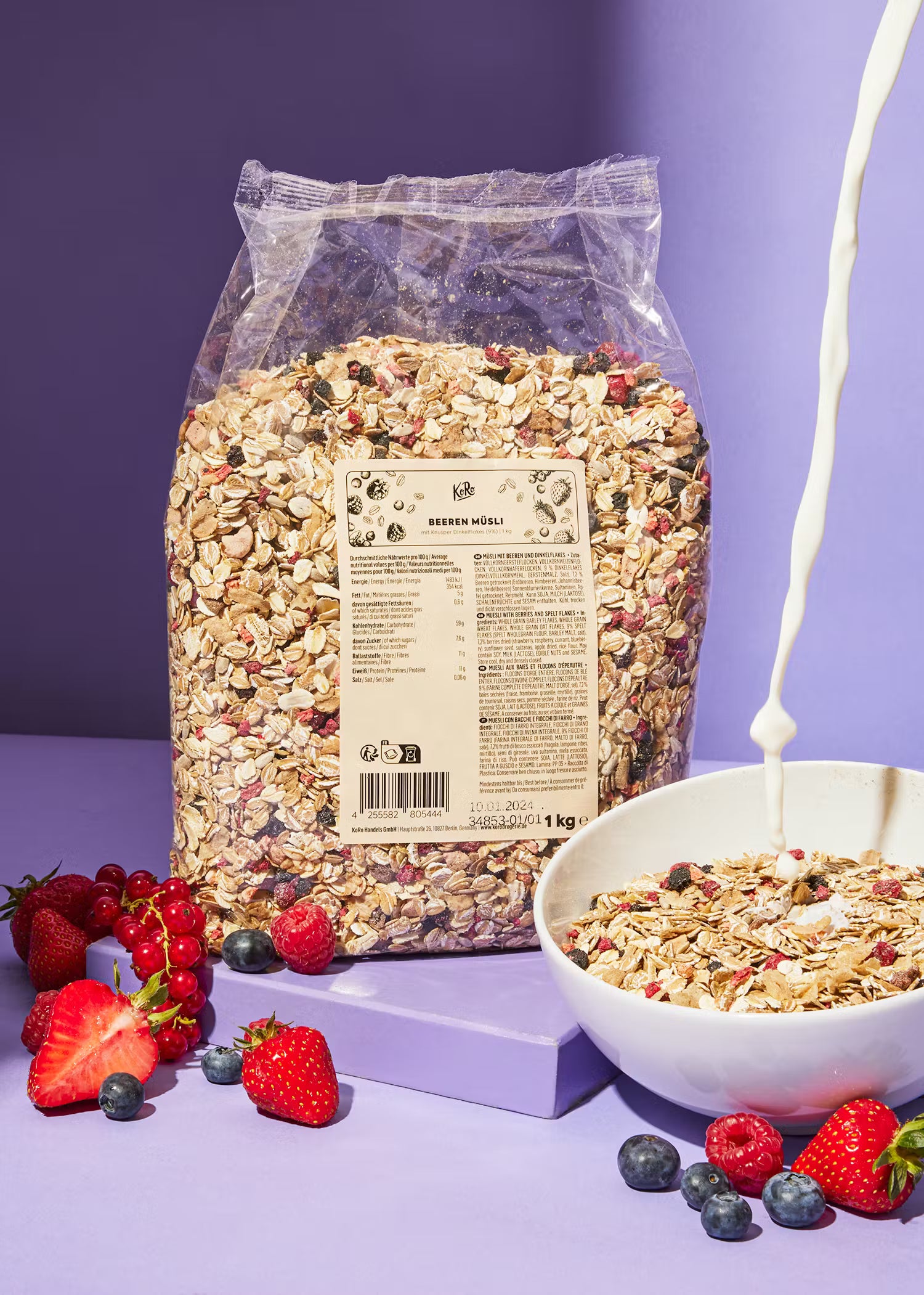 Muesli aux fruits rouges et flocons d'épeautre croustillants non bio KORO 1 kg
