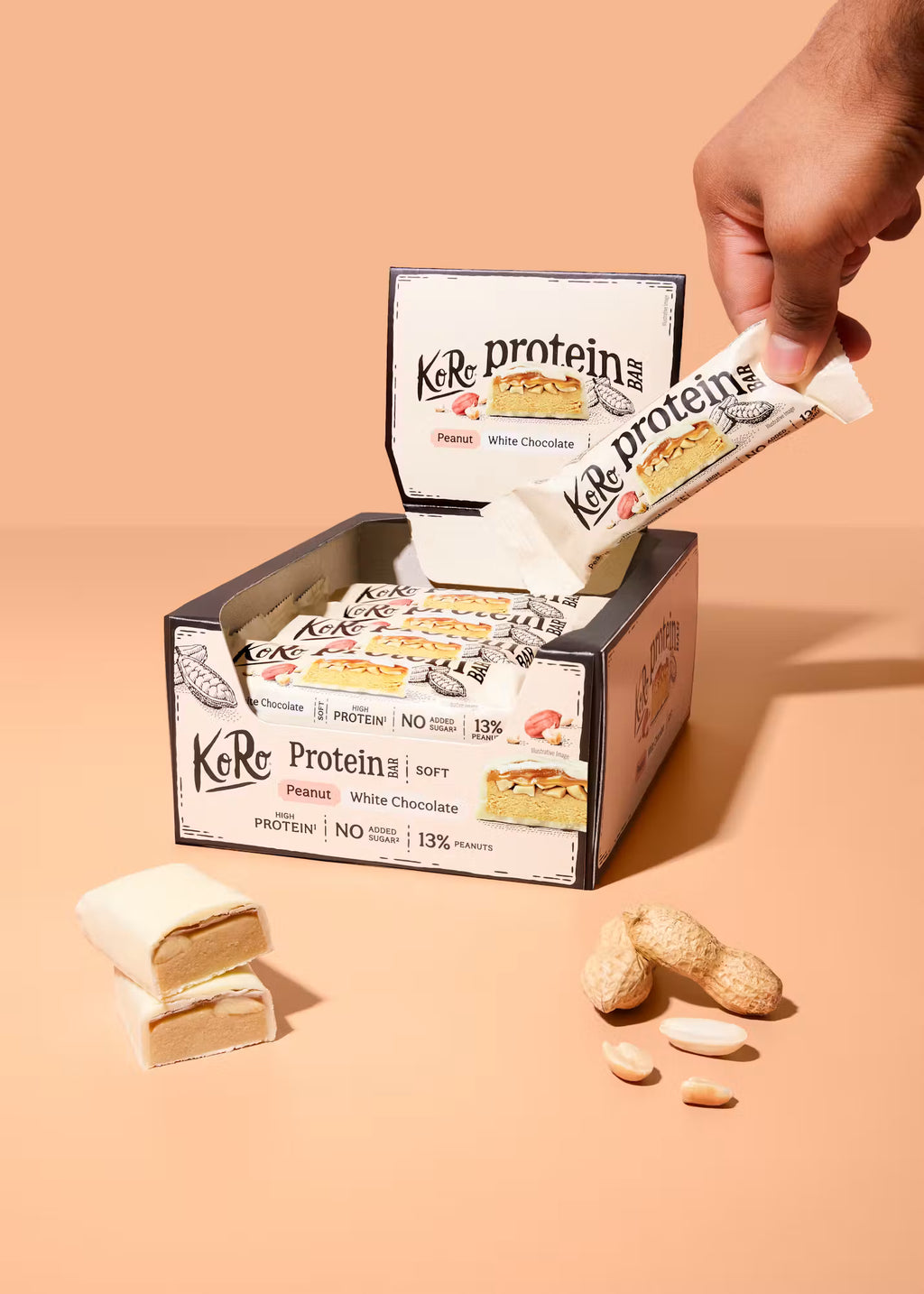 Barre protéinée moelleuse aux cacahuètes et chocolat blanc KORO / 45 g