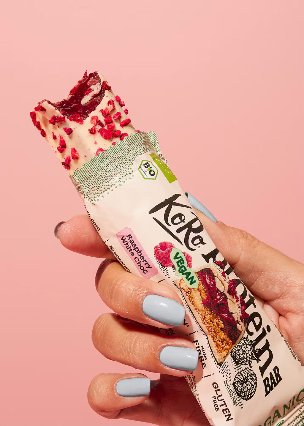 Barre protéinée vegan et sans gluten à la framboise et chocolat blanc KORO - 45 g