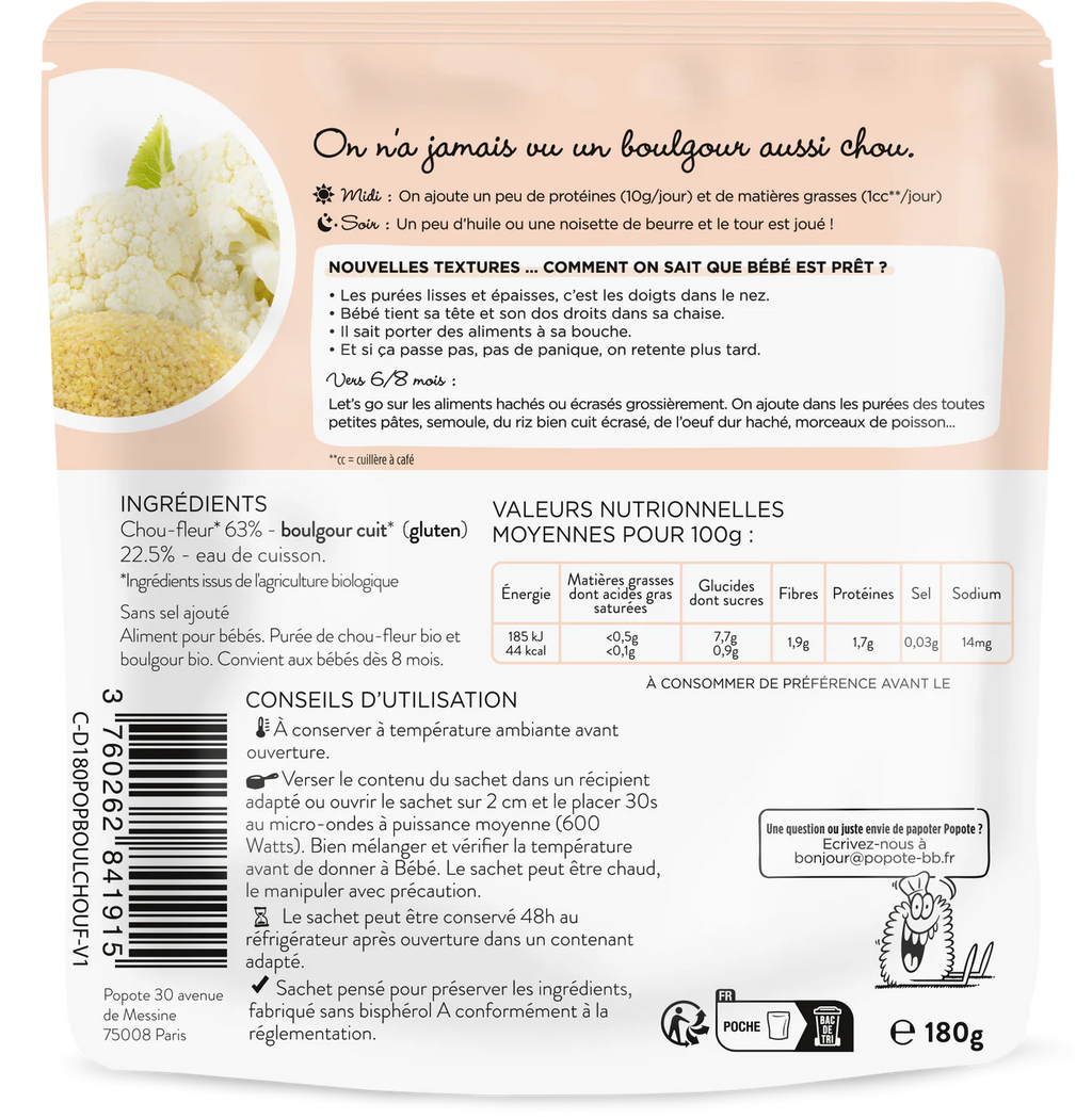 Mouliné de Chou-fleur et Boulgour bio POPOTE 180 g