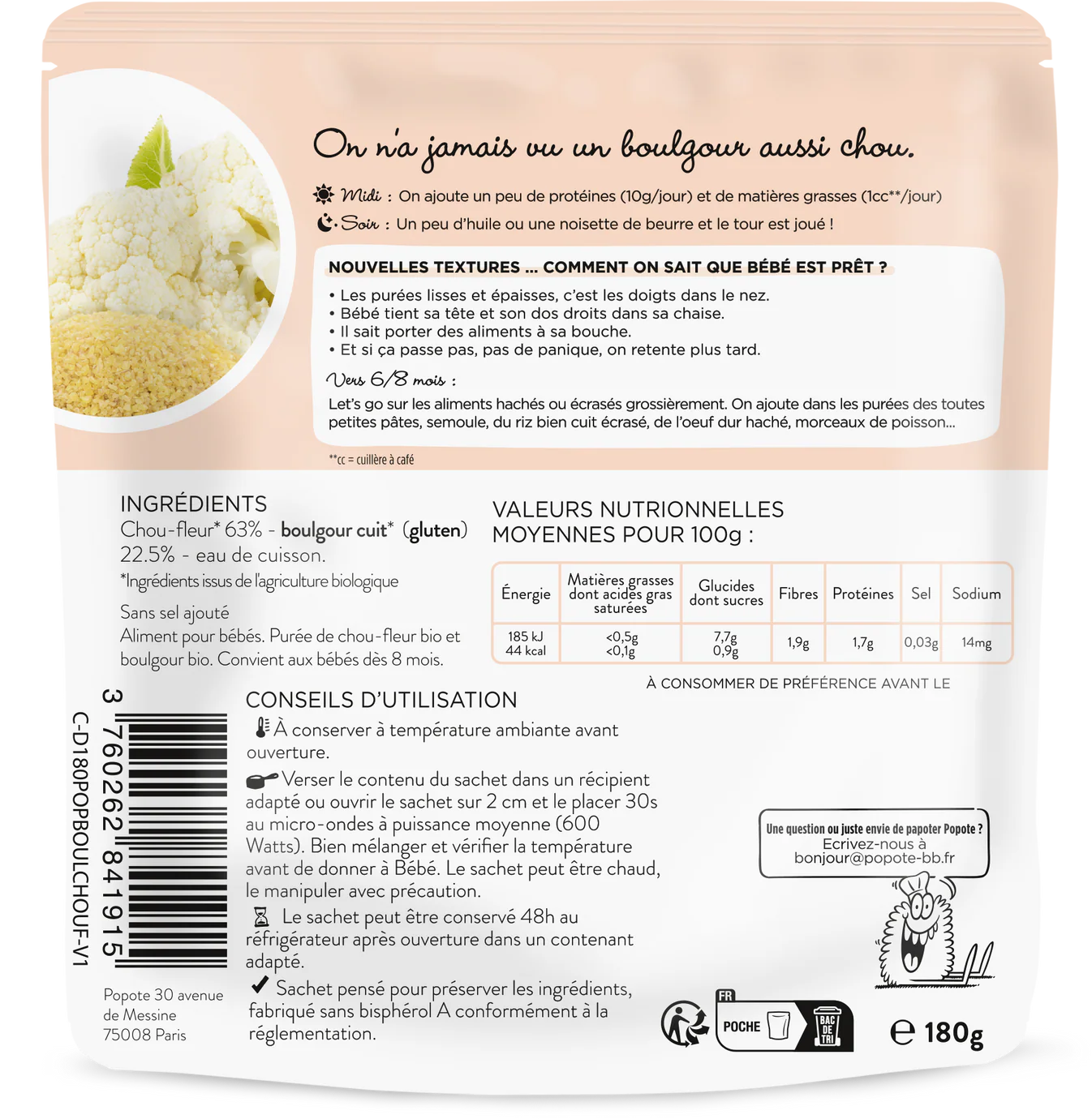 Mouliné de Chou-fleur et Boulgour bio POPOTE 180 g