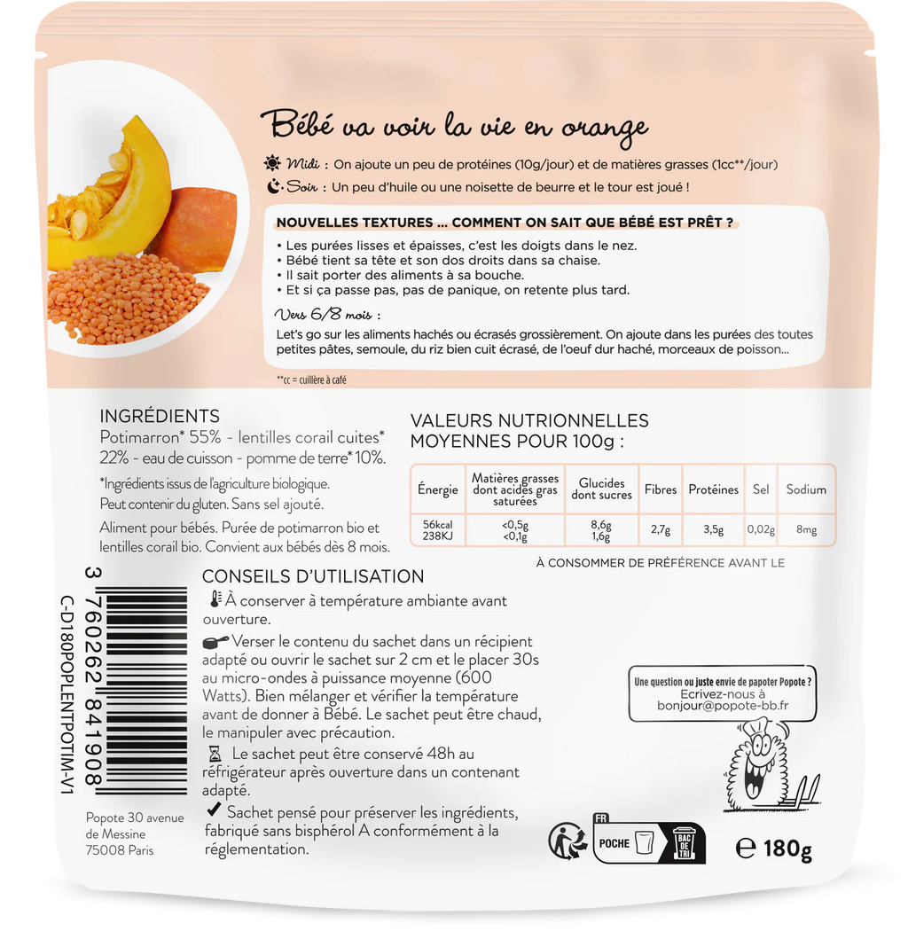 Mouliné de Potimarron et Lentilles Corail bio POPOTE 180 g