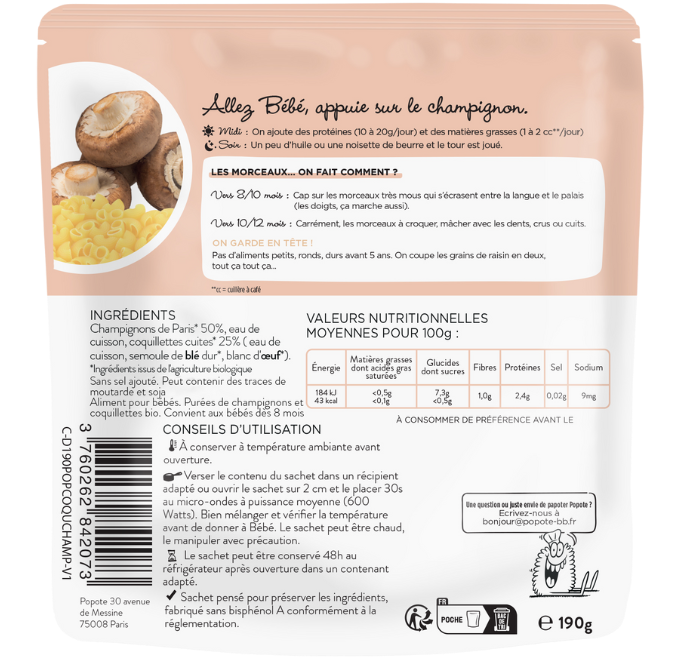Petits Morceaux de Champignons et Coquillettes bio POPOTE 190 g
