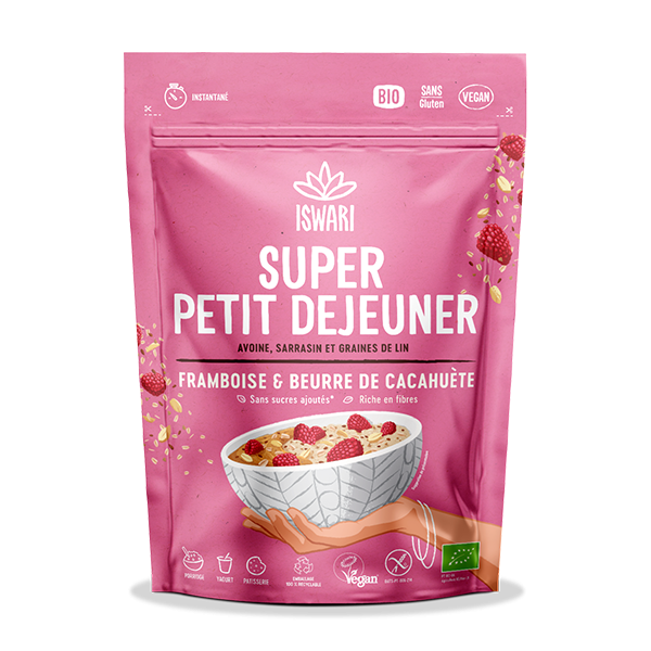 Super Petit Déjeuner framboise & beurre de cacahuète bio ISWARI 360 g