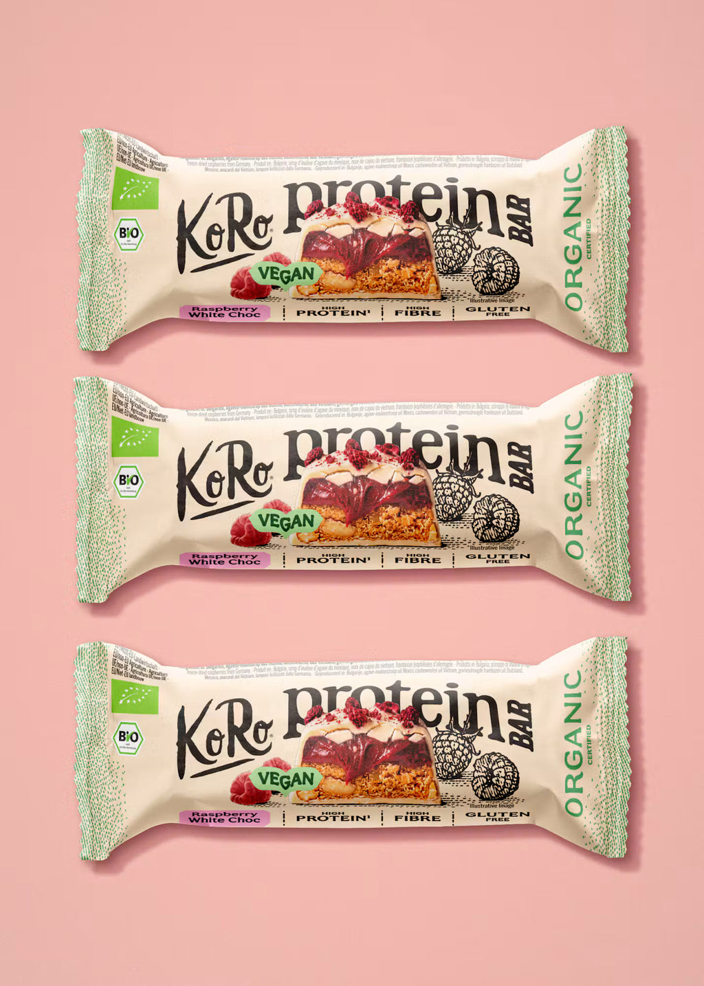Barre protéinée vegan et sans gluten à la framboise et chocolat blanc KORO - 45 g