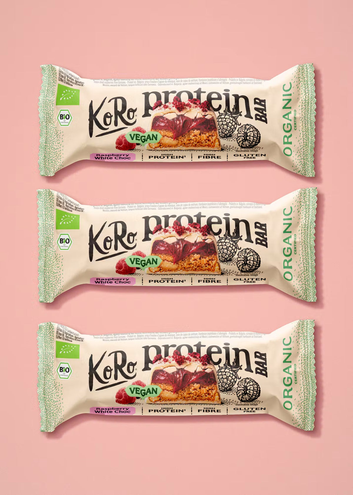 Barre protéinée vegan et sans gluten à la framboise et chocolat blanc KORO - 45 g